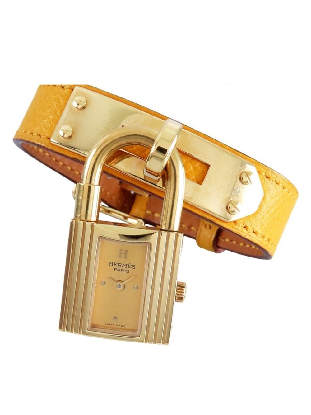 Hermes Kelly Watch Champagne SS Courchevel Gold Quartz